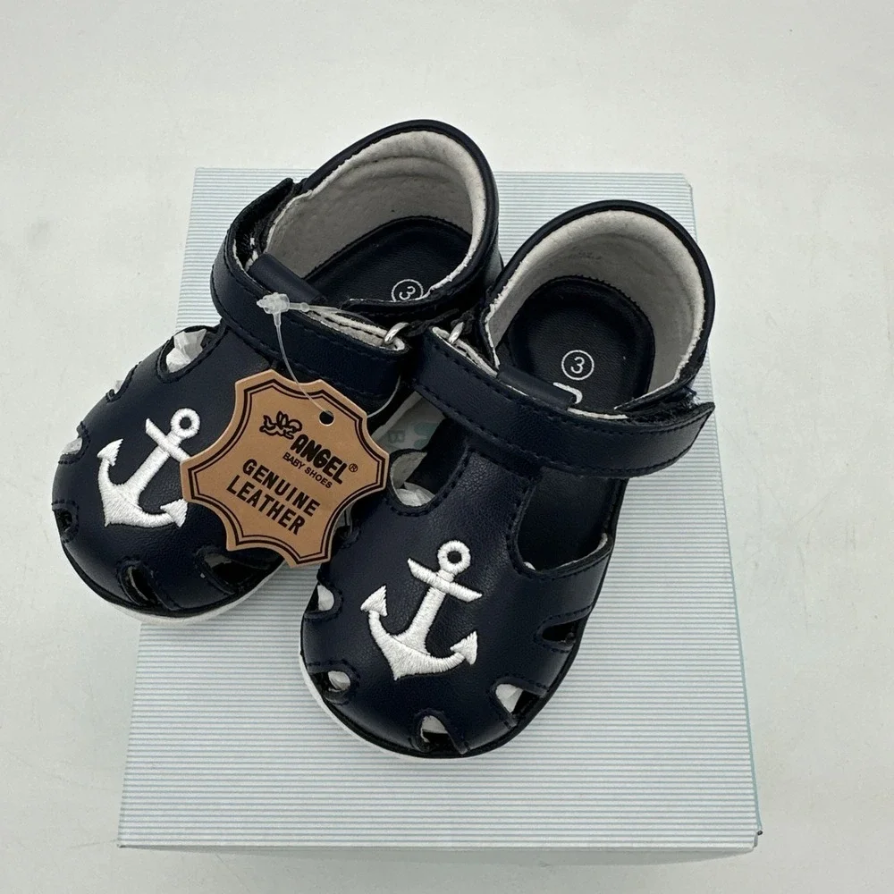 Angel Baby Sawyer Nautical Caged Leather Blue Sandal (Baby) As 3 NIB